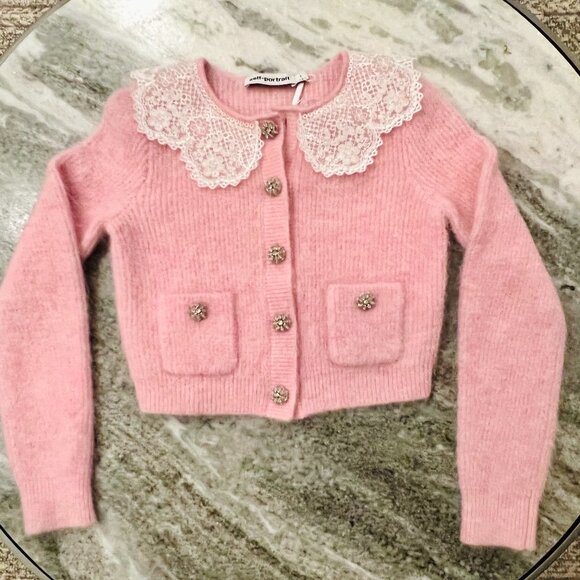 NWT- Self-Portrait Lace-Collared Pink Brushed Cardigan Sweater, Crystal Buttons - Picture 5 of 5